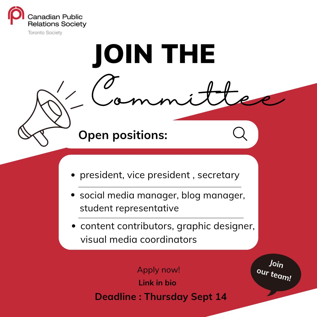 CPRS Toronto Students (@cprsstudents) on Twitter photo Start your academic year by joining the CPRS Toronto Student Steering Committee for the 2023-2024 year. 
Swipe to see all positions available. Application deadline is next Thursday, September 14. Click the link in our bio to apply today! Start your academic year by joining the CPRS Toronto Student Steering Committee for the 2023-2024 year. 
Swipe to see all positions available. Application deadline is next Thursday, September 14. Click the link in our bio to apply today!