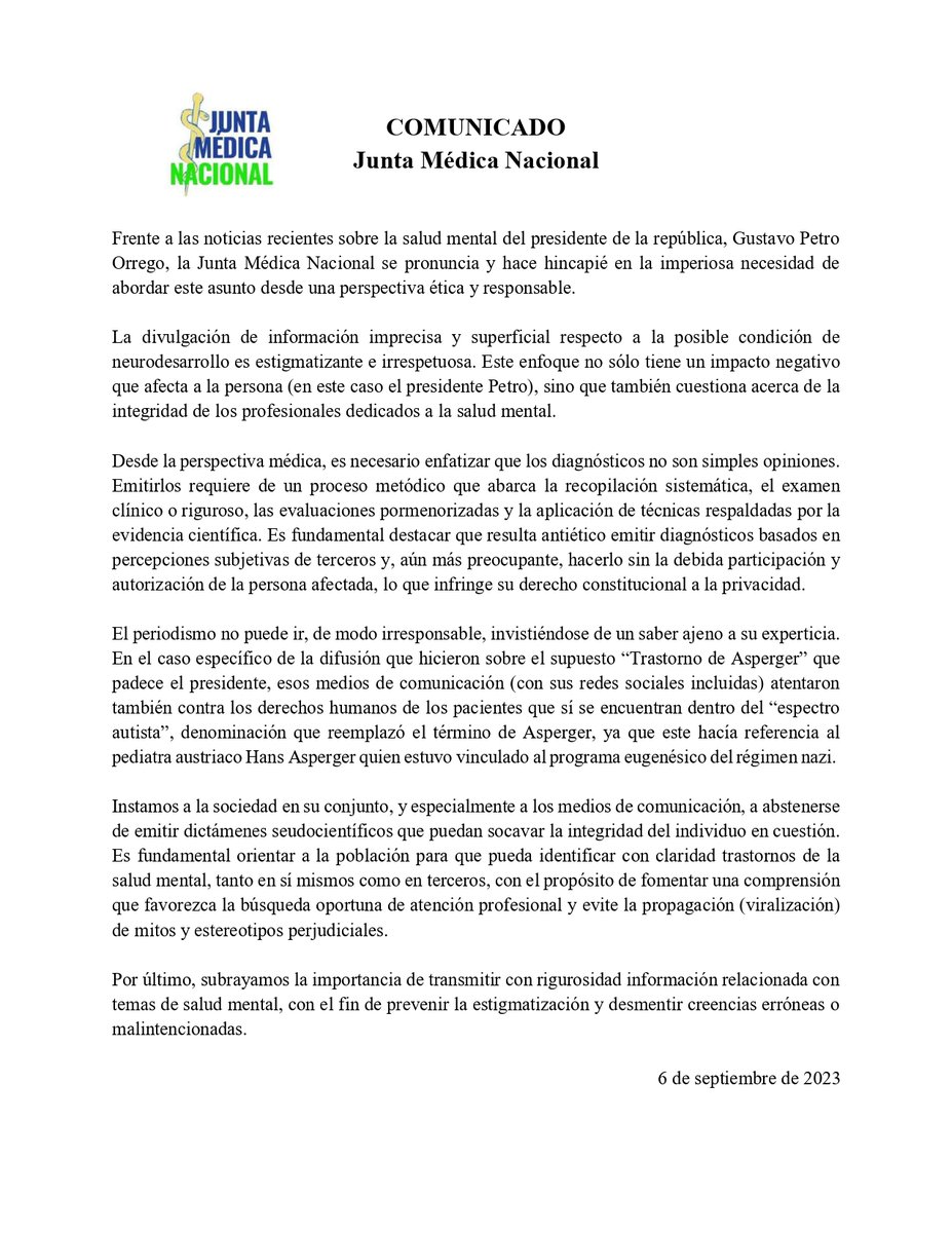 JuntaMedicaNal's tweet photo. #ComunicadoJMN Frente a recientes noticias imprecisas y superficiales, sobre la salud mental de @petrogustavo, la Junta Médica Nacional hace hincapié en la necesidad de abordar este asunto desde una perspectiva ética y responsable.

Ver👉🏾 https://t.co/v2ueJiqmYG

#Salud #JMN 🧵👇🏾 https://t.co/U8JuAOrDNV