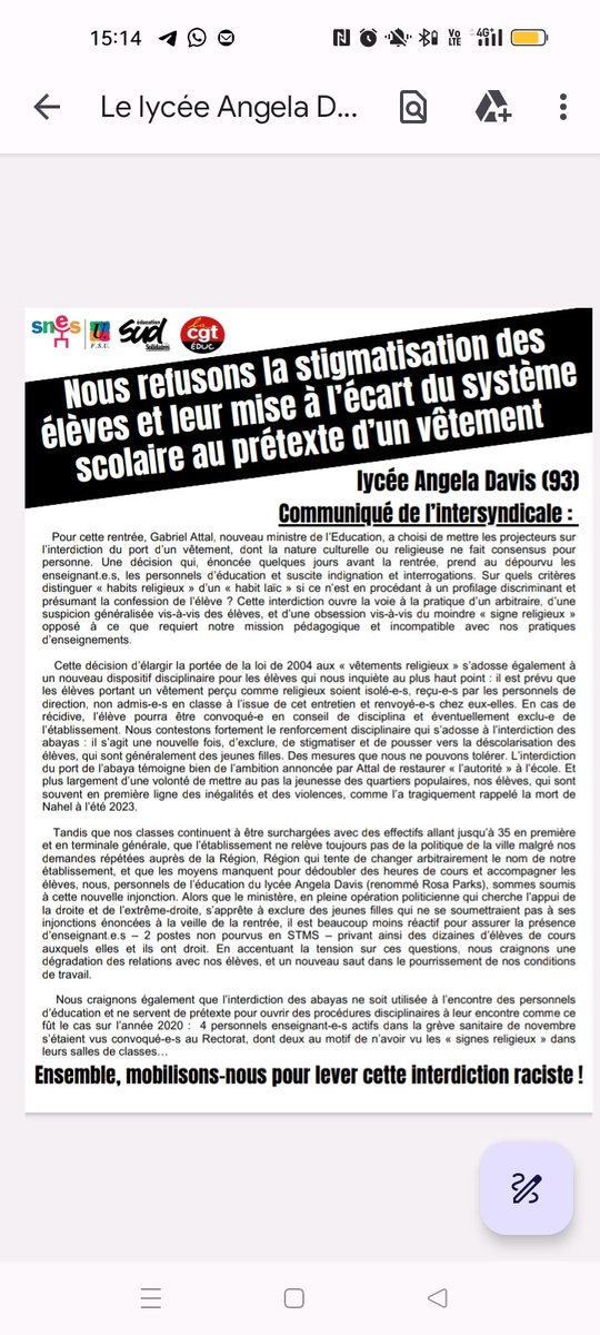Le lycée Angela Davis dit non "à la stigmatisation des élèves et leur mise à l'écart du système scolaire au prétexte d'un vêtement"

Communiqué de rentrée
#abayas #Stains <a href="/Utrilloenlutte/">Utrillo en lutte</a>  <a href="/SudEducation93/">Sud Éducation 93</a> <a href="/snesfsu93/">SNES-FSU 93</a> <a href="/SnesFsuCreteil/">SNES-FSU CRETEIL</a>