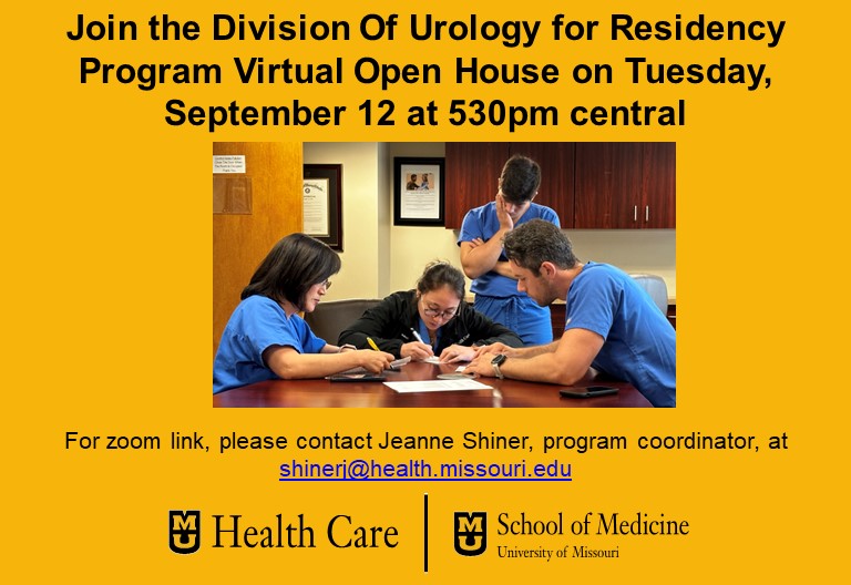 University of Missouri Urology (@mizzouurology) on Twitter photo Residents and faculty will discuss the urology residency training program in an informal zoom meeting next Tuesday. Contact jshiner@health.missouri.edu for zoom link. Residents and faculty will discuss the urology residency training program in an informal zoom meeting next Tuesday. Contact jshiner@health.missouri.edu for zoom link.
