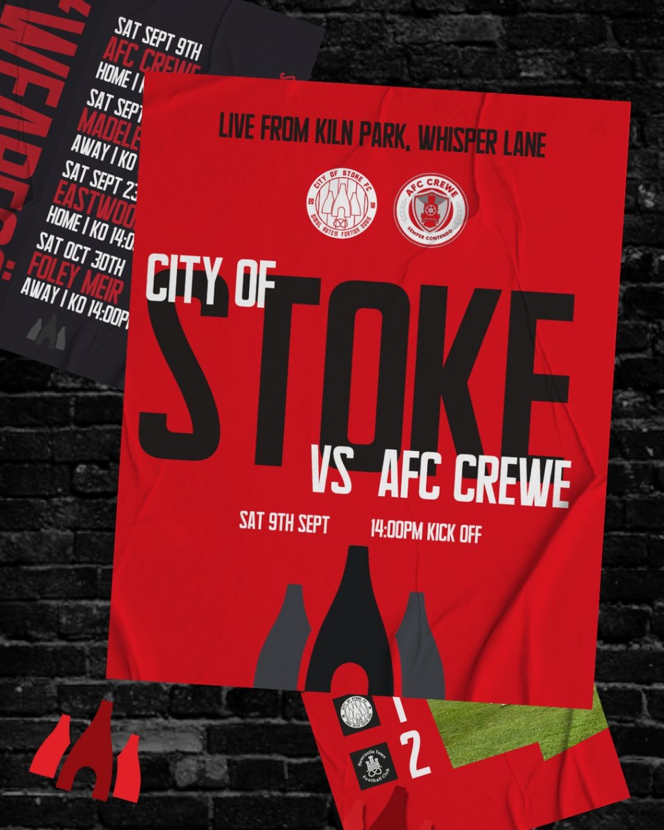⬇️

⚽️NEXT UP⚽️

🔴Mens Team⚫️

📆 Saturday 2nd September📆

🏆 <a href="/staffscountysl/">Staffordshire County Senior League</a> Division One
 
🏠 <a href="/cityofstokefc/">C i t y O f S t o k e F C</a> 
🆚
🏠 <a href="/afc_crewe/">AFC Crewe</a>  
 
🕑14:00pm Kick Off 🕑
 
🏟 City Of Stoke Football Club, Whisper Lane, ST5 4DX

🎫 £3 Entry | U16’s Free 

#WeAreCÖS #CityOfStokeFC #afccrewe