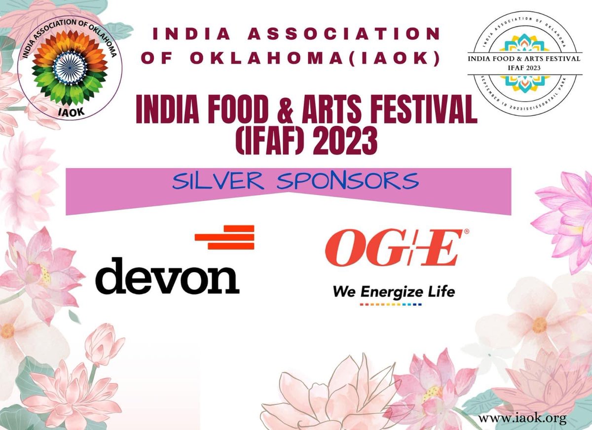 revumasi's tweet photo. India Association of Oklahoma is delighted to express gratitude to our ‘SILVER SPONSORS’ Devon Energy and @OG&amp;E! 

We are thankful for your contribution in India Food &amp; Art Festival 2023!

📌SCISSORTAIL PARK📌 SEPTEMBER 10📌3:00 - 9:00 PM https://t.co/DSrXpzvxmU