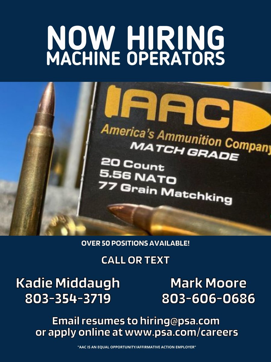 PsaCareers's tweet photo. AAC is looking to add to their team! Contact Mark Moore at 803-606-0686 or Kadie Middaugh at 803-354-3719.
#NowHiring #teammembers #machineoperators #SouthCarolina https://t.co/VqTArlgTMj