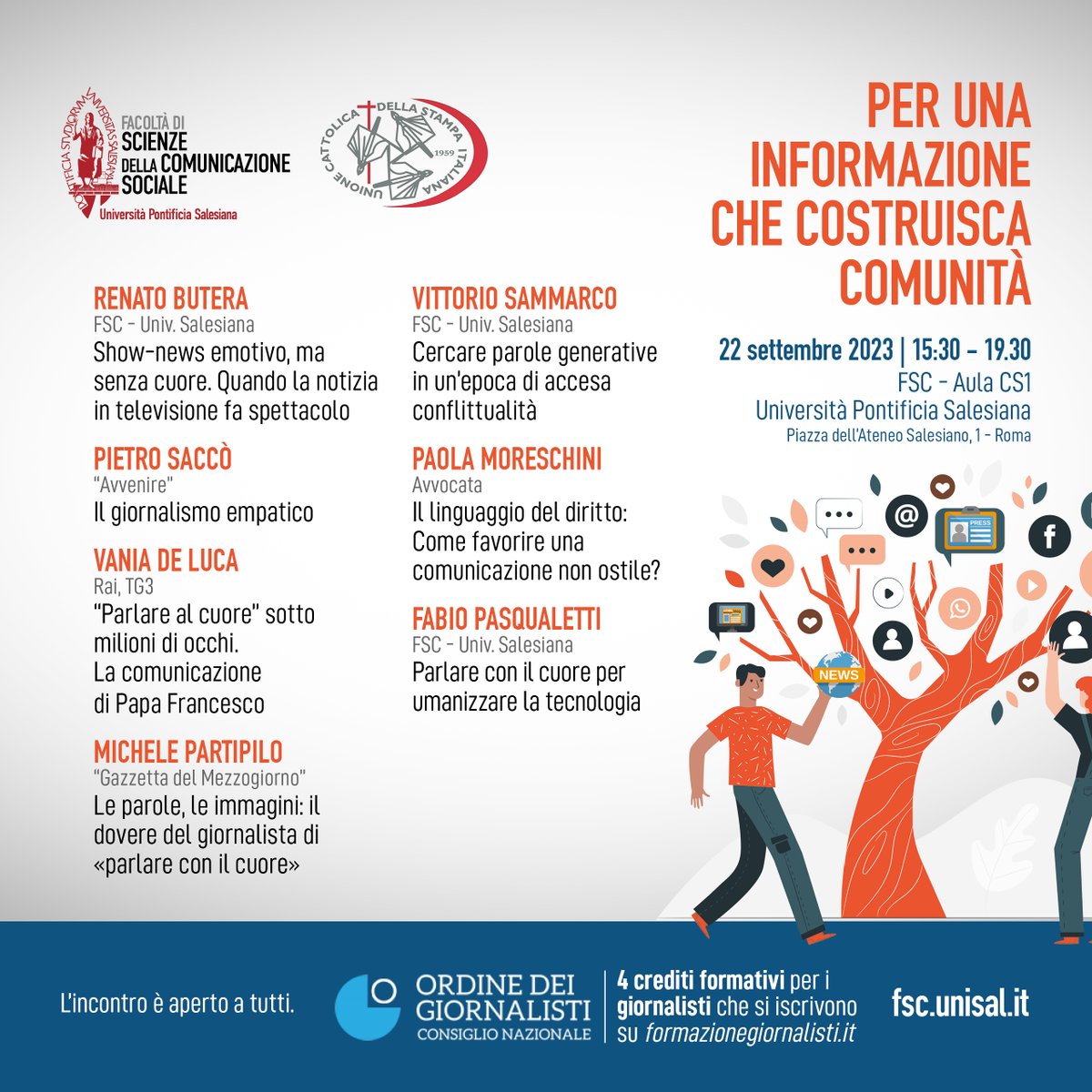 FSC_unisal's tweet photo. Può l'informazione costruire comunità?
🗓️22 settembre 2023
🕐15:30-19:30
Verranno riconosciuti #crediti #formativi ai #giornalisti che si iscrivono all’evento sulla piattaforma https://t.co/m6a2wzaH4b
@UcsiSocial @UcsiLazio
ℹ️ https://t.co/3pPWg6Ceyv https://t.co/ikHREYF5rw