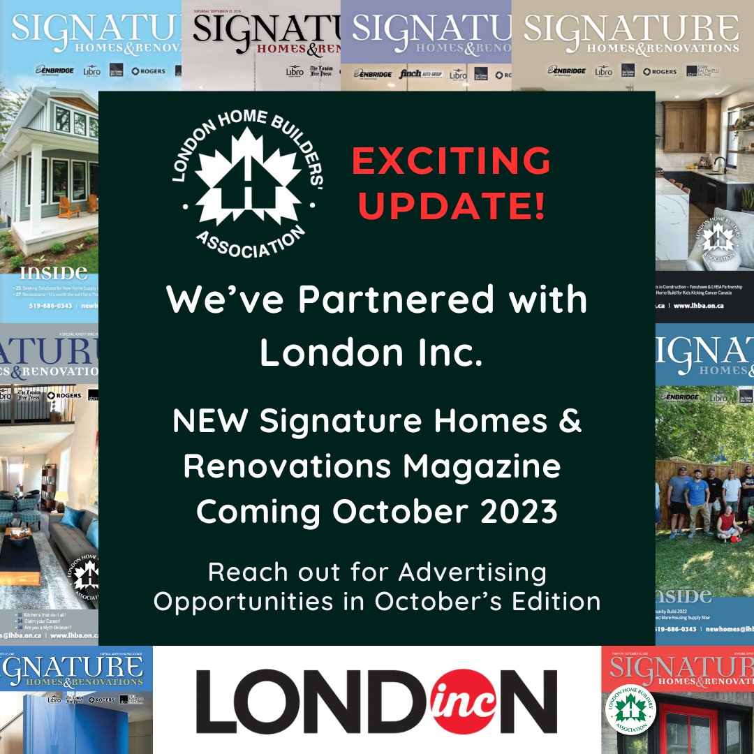 LHBA_'s tweet photo. We're excited to announce our NEW partnership with @LdnIncMag who will be publishing the LHBA's Signature Homes & Renovations Magazine moving forward! Reach out for October advertising opportunities today: https://t.co/31X54ZRvSt
#ldnont #signaturemagazine #lhba #homebuilding https://t.co/aoJzQ9IfEP