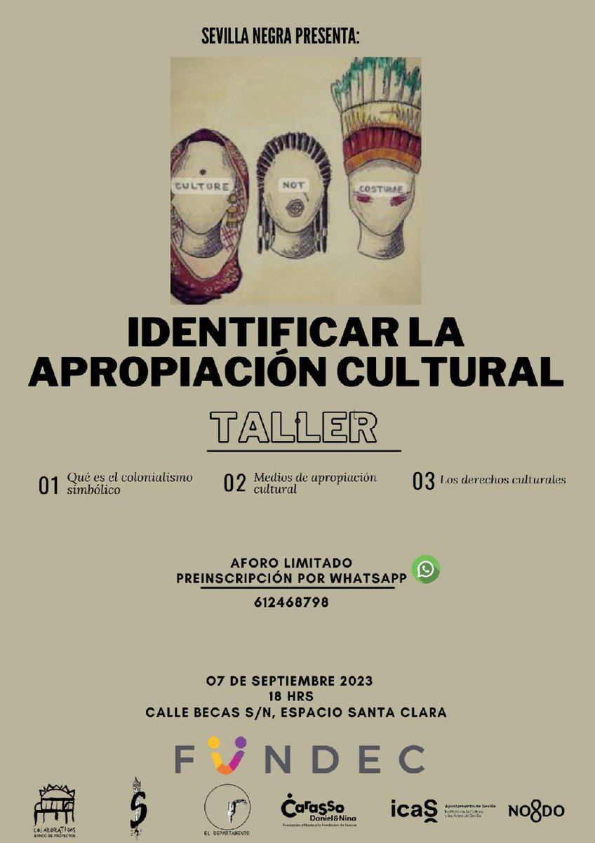 tekeando's tweet photo. En un rato, estamos con @sevilla_negra en este taller sobre
✅ Colonialismo simbólico
✅ Medios de apropiación cultural
✅ Derechos culturales
#SevillaHoy #BdPC https://t.co/XHFHwJviBT