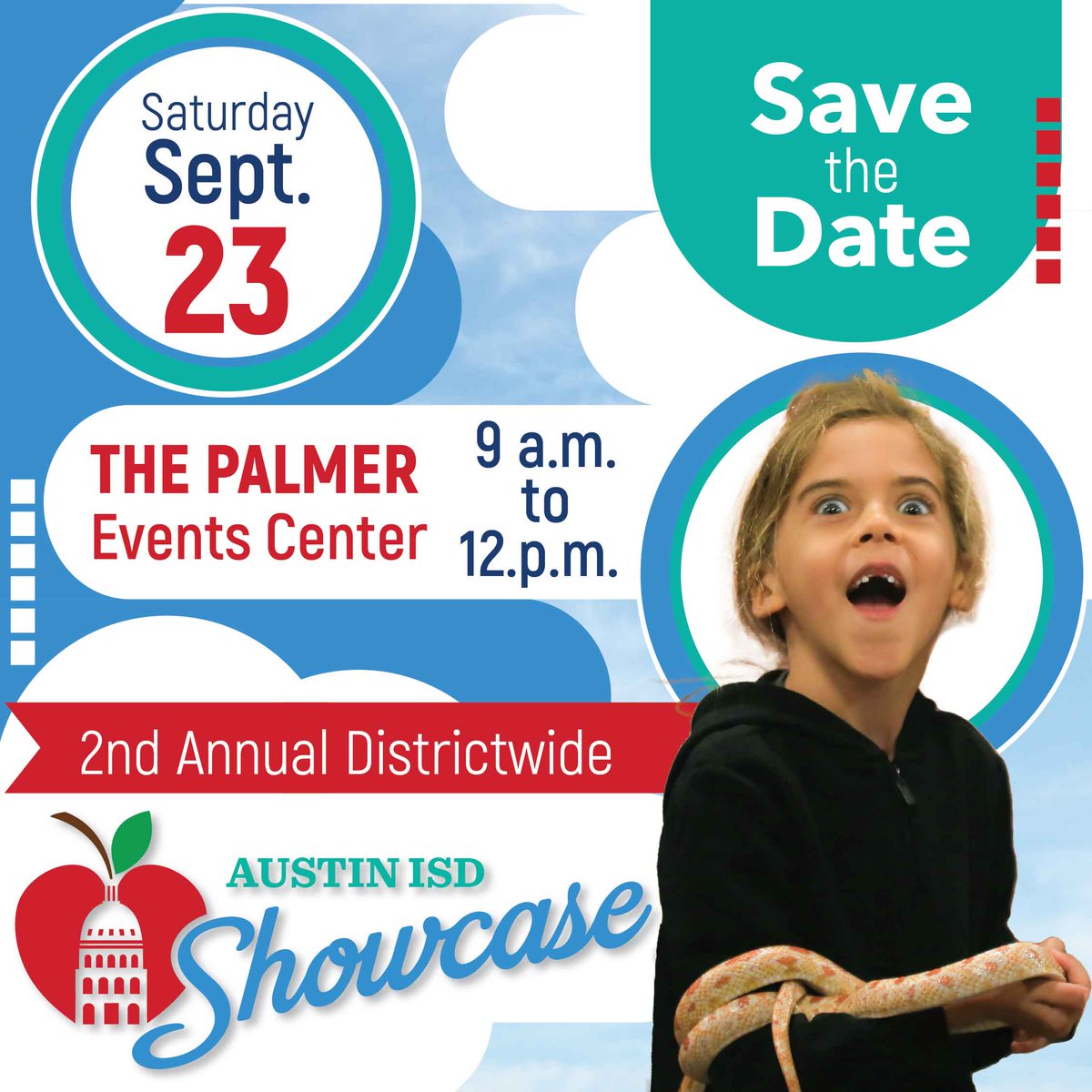AustinISD's tweet photo. Austin ISD Showcase
Saturday, September 23
9 a.m. to 12 p.m.
Palmer Events Center
900 Barton Springs Rd, Austin, TX 78704

Enjoy music and dance performances, play with robots, get a free haircut and school supplies, and learn about Austin ISD programs and resources. https://t.co/nkTuVt1JIj