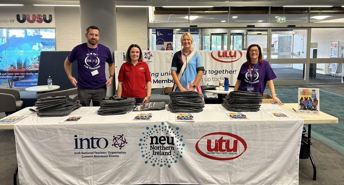 Futureofphysics's tweet photo. @NEU_NIreland @UTU_edu @INTO_NI  all set up at the Ulster University Coleraine PGCE Freshers' Fair

Teacher Unions working together and ready to meet and support our #teachersoftomorrow #futureinteaching https://t.co/c56BxsyppD