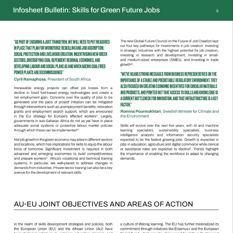 AfricaEuropeFdn's tweet photo. 🚨Emerging from the #AfricaClimateSummit, whose focus was to drive green growth &amp; climate finance solutions, it is clear citizens must be empowered with skills for #greenjobs.

🍃The green transition has strong job-creating potential our latest #AUEUTracker infosheet explains⤵️