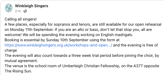 TheWinkleighs's tweet photo. Want to join an excellent choir in North Devon? A free open rehearsal on Monday 11th September in Umberleigh…
Booking essential by Sunday via https://t.co/RpbR7nYOu8 https://t.co/9VFnyYcGAe