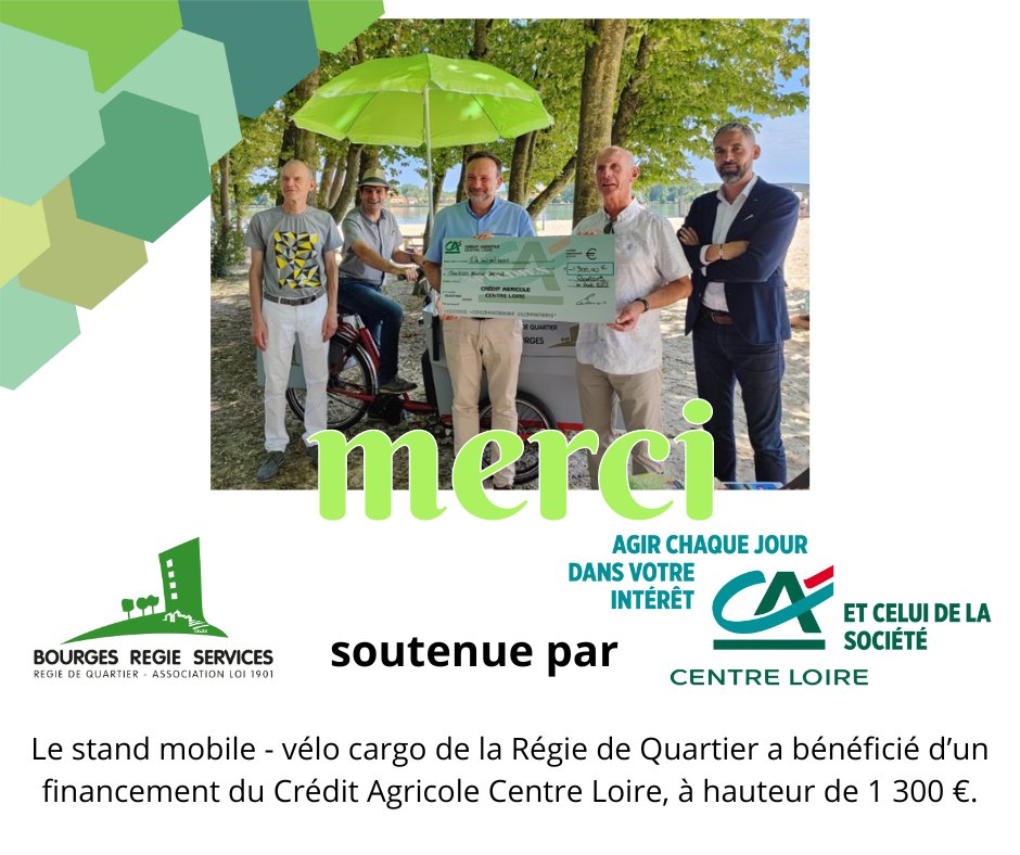 REMERCIEMENTS 🚴‍♂️
Le Crédit Agricole Centre Loire soutient le projet du stand mobile - vélo cargo de la Régie de Quartier #Bourges, à hauteur de 1 300 €.

🎉 Soutiens: <a href="/Prefet18/">Préfet du Cher</a>; <a href="/RCValdeLoire/">Région Centre-Val de Loire</a>; #BourgesPlus; <a href="/VilleDeBourges/">Ville de Bourges - Officiel</a>;  <a href="/ValDeBerry/">Val de Berry</a>; <a href="/FranceLoire/">FranceLoire</a>; <a href="/Mutuale_Mut/">Mutuale</a>