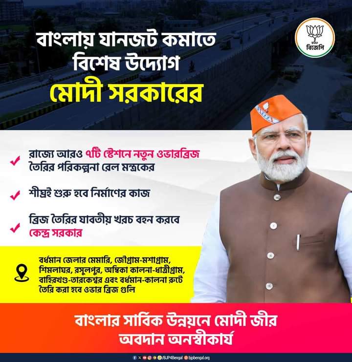SushantaDebSin5's tweet photo. বাংলায় যানজট কমাতে বিশেষ উদ্যোগ মোদী সরকারের!
রাজ্যে আরও ৭টি স্টেশনে নতুন ওভারব্রিজ তৈরির পরিকল্পনা রেল মন্ত্রকের।

বাংলার সার্বিক উন্নয়নে মোদী জীর অবদান অনস্বীকার্য। https://t.co/rUjg5TmAuN
