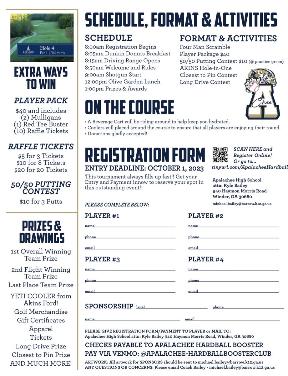 Apalachee Baseball (@cheebaseballahs) on Twitter photo 🚨The Apalachee Hardball Classic is BACK!🚨
⛳️ 8th Annual Apalachee Baseball Golf Tournament
🗓️Tuesday, October 10th
📍 Reunion Country Club
🔗 Registration: tinyurl.com/ApalacheeHardb…
Questions?
Email <a href="/CoachKyleBailey/">Coach Kyle Bailey</a> (michael.bailey@barrow.k12.ga.us) or DM us!
#CHEEnation 🚨The Apalachee Hardball Classic is BACK!🚨
⛳️ 8th Annual Apalachee Baseball Golf Tournament
🗓️Tuesday, October 10th
📍 Reunion Country Club
🔗 Registration: tinyurl.com/ApalacheeHardb…
Questions?
Email <a href="/CoachKyleBailey/">Coach Kyle Bailey</a> (michael.bailey@barrow.k12.ga.us) or DM us!
#CHEEnation