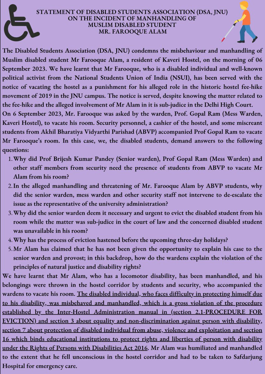 dsajnu_22's tweet photo. Statement of Disabled Students Association (DSA, JNU) on the incident of manhandling of disabled student Faarooque Alam.
#DisabilityIndia
#DisabilityRights https://t.co/yn2fnyR3tU