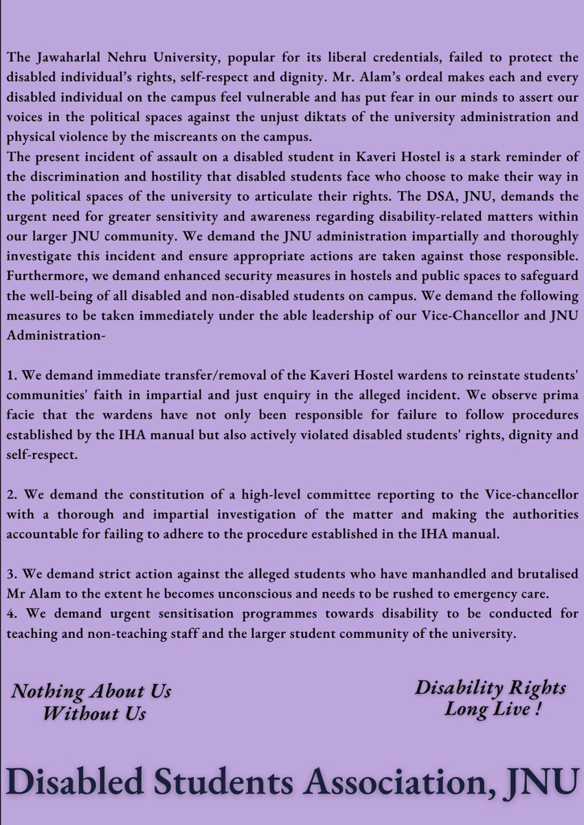 dsajnu_22's tweet photo. Statement of Disabled Students Association (DSA, JNU) on the incident of manhandling of disabled student Faarooque Alam.
#DisabilityIndia
#DisabilityRights https://t.co/yn2fnyR3tU