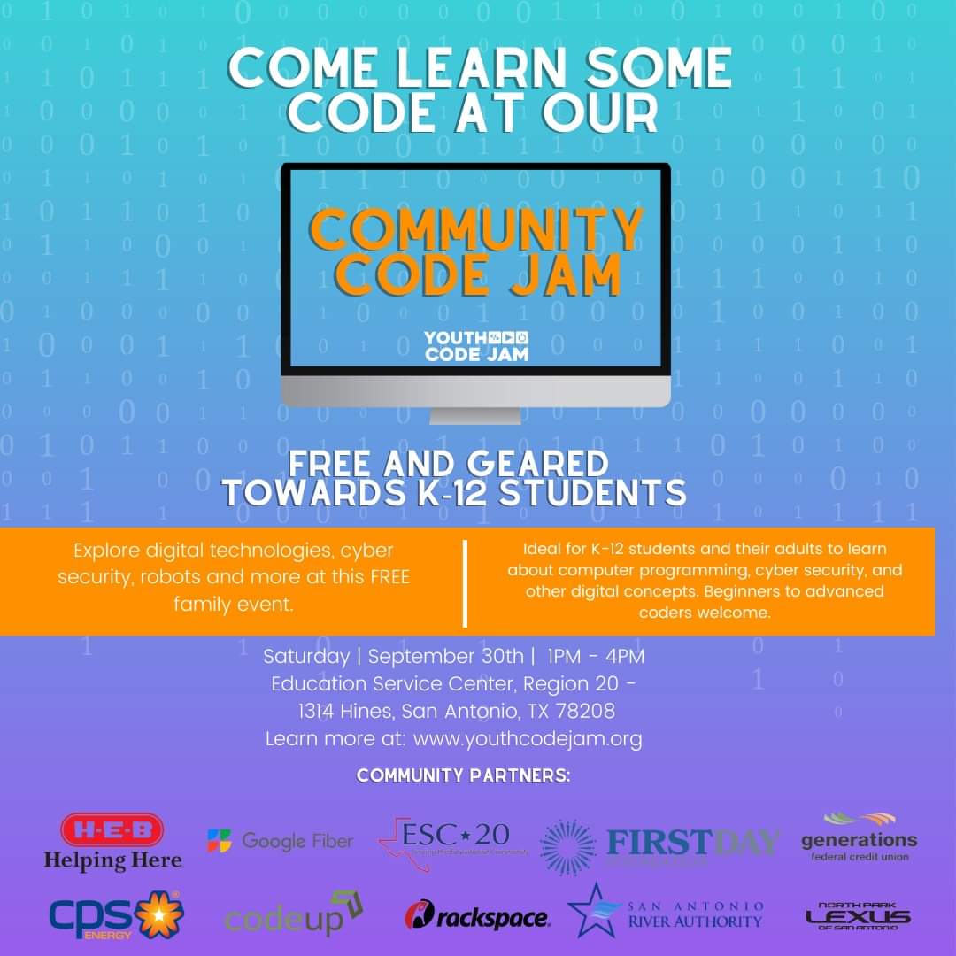 YouthCodeJam's tweet photo. Our Community Code Jam is around the corner! Community Code Jams are inclusive, hands-on events bringing together kids, their adults and programmers to learn, explore, and grow with code. Register your child today: https://t.co/xBhx7mbUso
#SanAntonio #kidswhocode https://t.co/SLPUAuXRSm