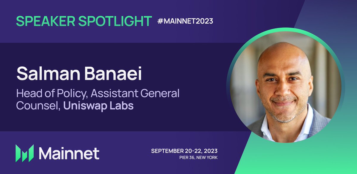 MessariCrypto's tweet photo. Look who's speaking at #Mainnet2023
@salmanbanaei, Head of Policy and Assistant General Counsel @Uniswap, will be on stage Sept 20-22 in NYC for the agenda-setting summit of the year! Don't wait to get your tickets👇

https://t.co/Bwr8aGicUm https://t.co/TggB7EfoWD