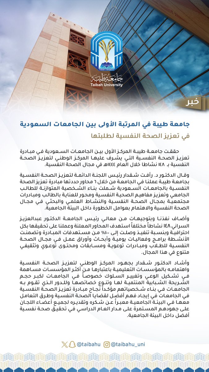 taibahu's tweet photo. #خبر 

#جامعة_طيبة في المرتبة الأولى بين الجامعات #السعودية في تعزيز الصحة النفسية لطلبتها . https://t.co/fPU5XWCKrH