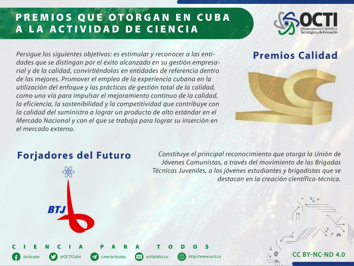 OCTICuba's tweet photo. #InfografíasCTI 

¿Se dedica usted a la actividad científica? ¿Conoce cuáles son los reconocimientos con los que su trabajo pudiera ser premiado en nuestro país?

Pues no se diga más, acá le contamos
👇👇👇

#OCTI #CienciaParaTodos #Cuba https://t.co/U3xdjd39Zo