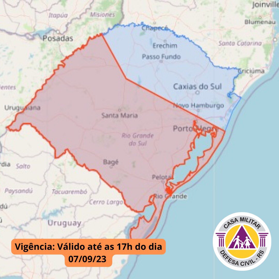 Alerta temporais, descargas elétricas, eventual queda de granizo e rajadas de evento. Válido até às 17h do dia 07/09/23. Emergência ligue 190/193.