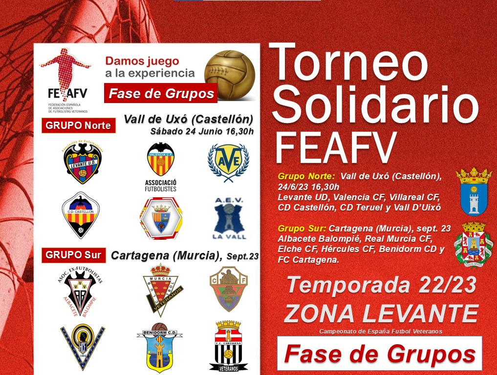 FEAFV's tweet photo. 🏆⚽️ Las Asociaciones de veteranos del @VillarrealCF   y @FCCartagena_efs disputarán la gran final del #TorneoSolidarioFEAFV #Zona Levante

🔗 https://t.co/BDDFCR2yd4

#CampeonatoEspaña🇪🇸 #FutbolVeteranos
#AsociacionesMiembrosFEAFV https://t.co/LIBYeqZHpI