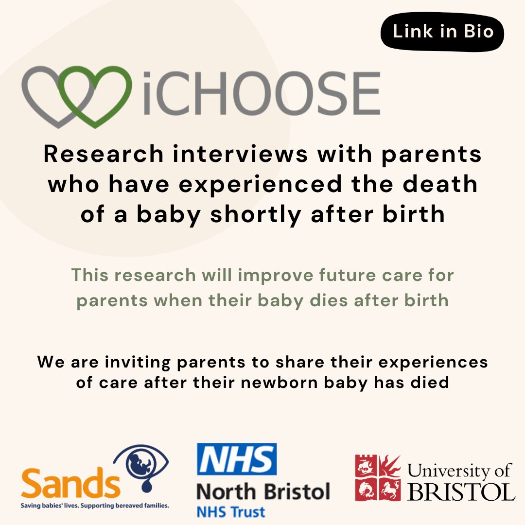 ichooseresearch's tweet photo. The iCHOOSE neonatal study at Bristol University are conducting online/telephone interviews with parents after their baby died. We want to hear about your care experiences to help improve future care.🌻🌈

To find out more click the link in our bio.  

#NeonatalLoss @SandsUK https://t.co/eLVmbKMcXu