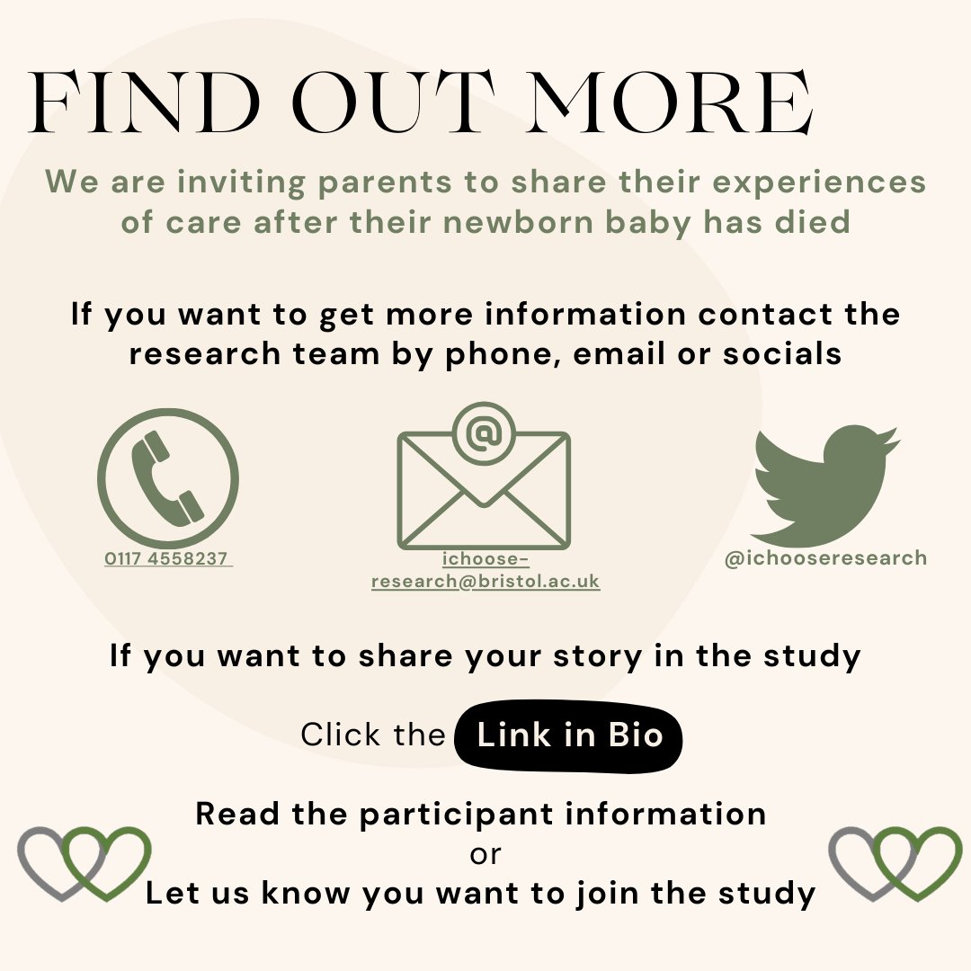 The iCHOOSE neonatal study at Bristol University are conducting online/telephone interviews with parents after their baby died. We want to hear about your care experiences to help improve future care.🌻🌈 To find out more click the link in our bio. #NeonatalLoss @SandsUK