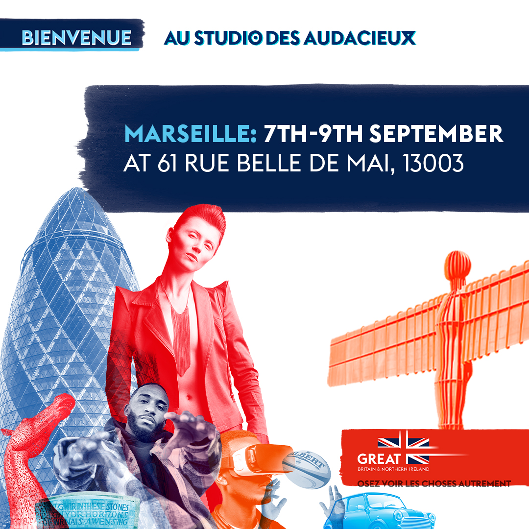 UKinFrance's tweet photo. Vous pensez connaître le Royaume-Uni ? Détrompez-vous. 
Venez visiter le "Studio des Audacieux" à Marseille, une expérience interactive popup unique célébrant les histoires des grands anticonformistes dans la culture, le sport et les affaires au Royaume-Uni🇬🇧
Ouvert de 10h à 20h https://t.co/kVZ0ypgykW