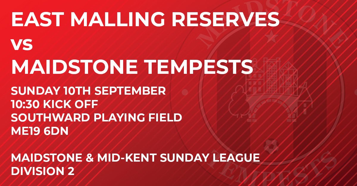 Our 2023/24 Maidstone &amp; Mid-Kent Sunday League campaign starts this weekend!

⚽️ Division 2
🆚 <a href="/fcEastMalling/">East Malling FC</a> Reserves
🕒 Sun 10th September / 10:30 KO
🏟 Southward Playing Field/ ME19 6DN

Referee - J. Annadale 

#WeAreTempests #SundayLeague @SELKGrassroots <a href="/mmksfl/">Maidstone & Mid Kent Sunday Football League</a>