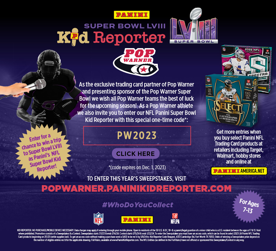 Pop_Warner's tweet photo. The  search is on for the next @PaniniAmerica Super Bowl Kid Reporter! Does your kid have what it takes to win? Help them enter and you could both win a trip to Super Bowl LVIII or other great prizes! 🎙️

Enter: https://t.co/P1LQl1xuRv (using the promo code "PW2023") https://t.co/Af8nHYOurp