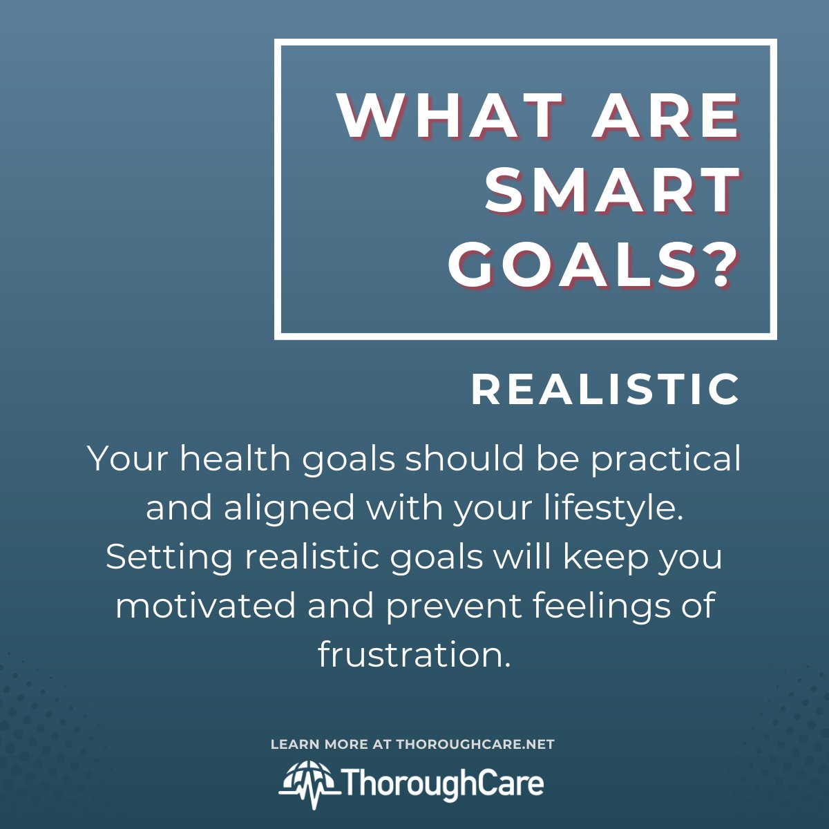 #SMARTGoals #4- Realistic
Setting health goals that align with your abilities and lifestyle can help foster continued commitment and results. Stay tuned for goal #5! hubs.li/Q021rF0Q0 #CareManager #CareCoordination #HealthTech #ValueBasedCare
