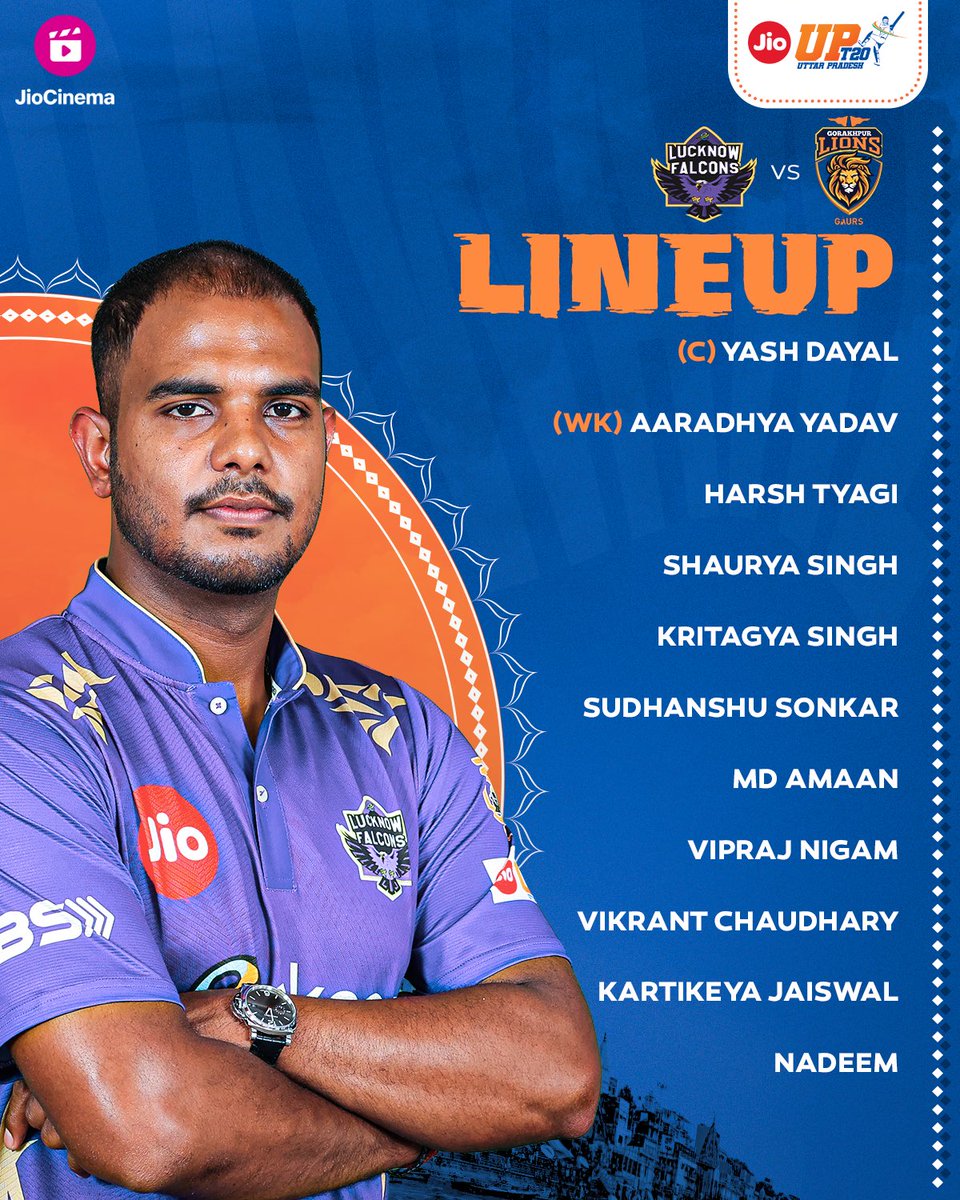 t20uttarpradesh's tweet photo. Gorakhpur Lions are batting first as Skipper Dhruv Jurel is making his #JioUPT20 debut 🧢
Watch Match 1️⃣7️⃣ LIVE, only on JioCinema.
#LFvGL #UPCA #AbMachegaBawaal https://t.co/81QBtO2gXE
