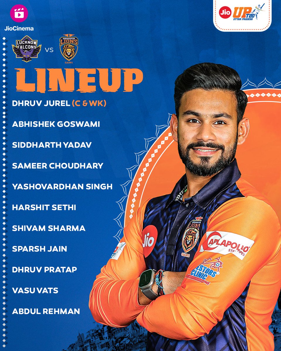 t20uttarpradesh's tweet photo. Gorakhpur Lions are batting first as Skipper Dhruv Jurel is making his #JioUPT20 debut 🧢
Watch Match 1️⃣7️⃣ LIVE, only on JioCinema.
#LFvGL #UPCA #AbMachegaBawaal https://t.co/81QBtO2gXE