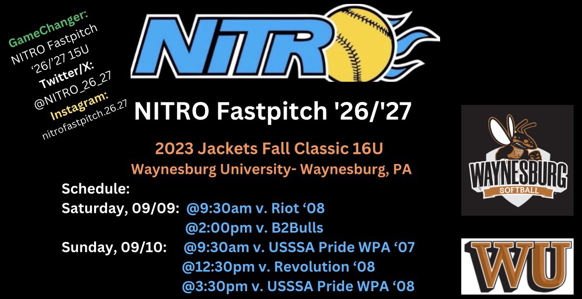 NITRO_26_27's tweet photo. @WUJacketsSB 
@marleesmiller 
@LoriAshby20 
@Lowery893 
@CoastalSoftball 
@CoachDowns42 
@CoachJexx_RMU 
@CoachFullerPitt 
@IUPsoftball 
@RedFlashSB 
@SHUgriffinsSB 
@PennStateSB https://t.co/rGom7yE6GW