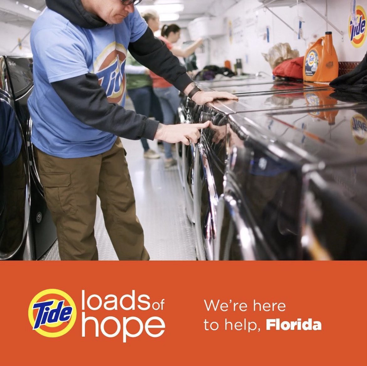 We are here to help, Florida. Tide Loads of Hope is here to help.  The Loads of Hope team is providing free laundry services starting September 7th at the Walmart Supercenter (1900 S Jefferson St. Perry, FL 32348) from 9 am – 5 pm local time or until capacity is reached.