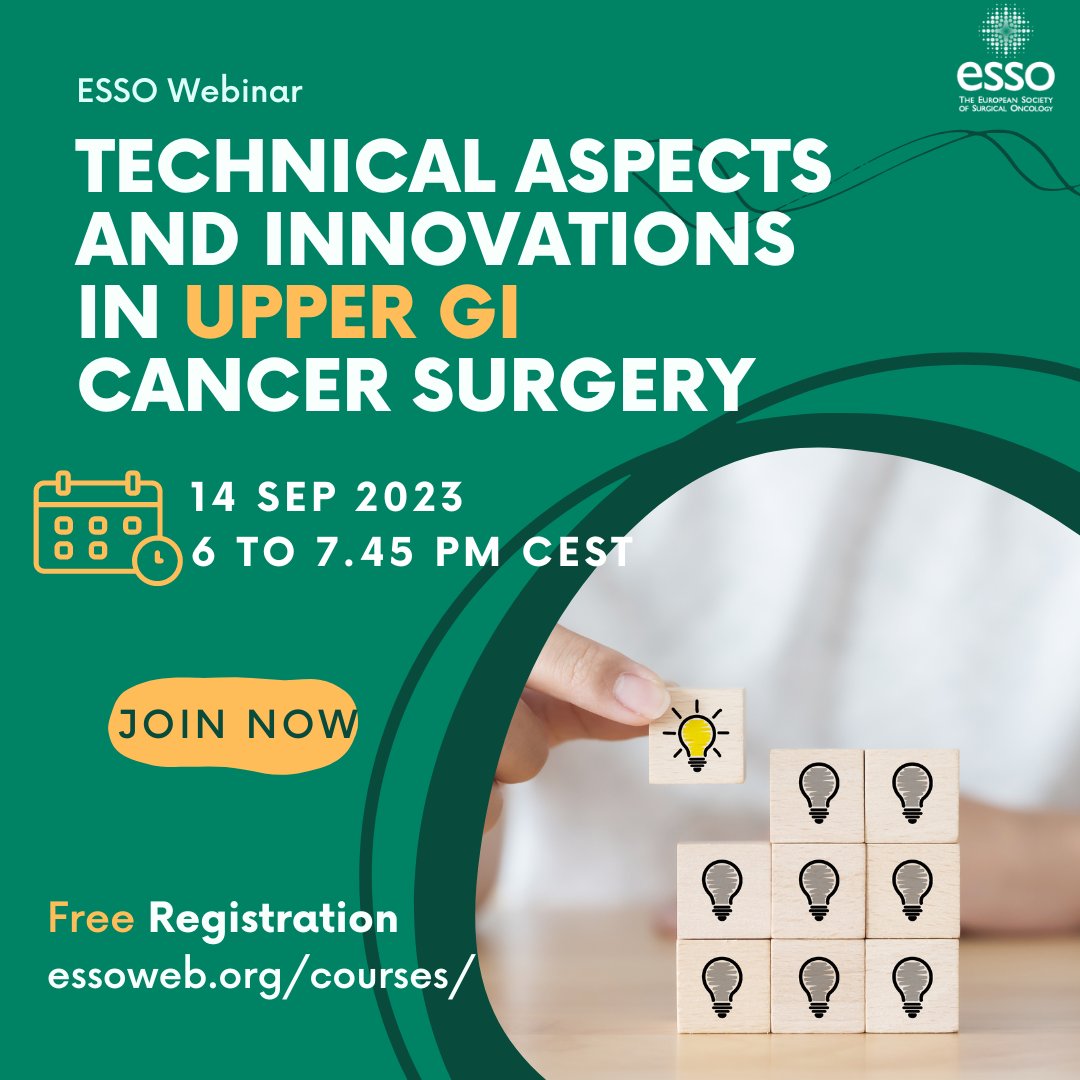 💡➡️Next Thursday! Join us to learn more on #innovations in #UpperGI #CancerSurgery 👉essoweb.org/courses/esso-w… @ProfDugo @nikolajnerup @EYSAC1 @GastricCancerFD @asgbi @BASO_ACS @SurgeryWomen @SOS_Pk @ASiTofficial @Cerrahi_Onko @sbco_oficial @SFCOnco @operarelcancer