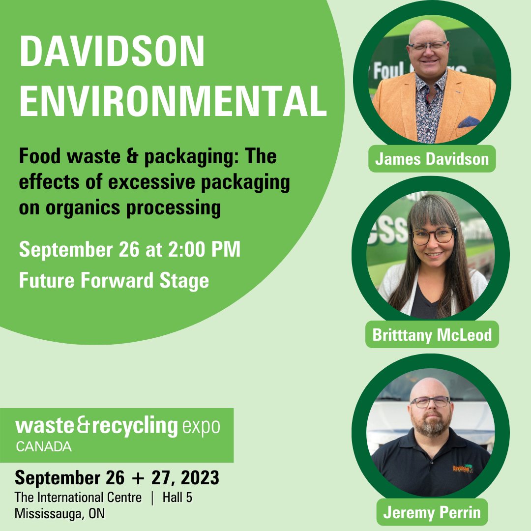 CWRExpo's tweet photo. Register today to listen in on Davidson Environmental speakers James, Brittany, and Jeremy as they discuss the effects of excessive packaging on organics processing! https://t.co/UBmw1h8d4P

#cwrexpo #wastemanagement #publicworks #TOevents #waste #tradeshow https://t.co/n2uQcYzitz