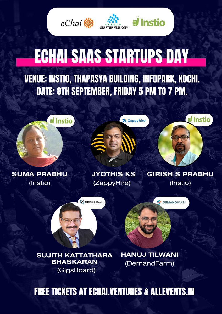 jatin10's tweet photo. We are collaborating with Kerala @startup_mission & @InstioApp to host eChai SaaS Startups Day in Kochi at Instio office, Infopark Kochi on 8th September, Friday from 5 pm to 7 pm.

Free registration @ https://t.co/bsic4MHid9 (You'll be able to see the list of some of the featured participants.)