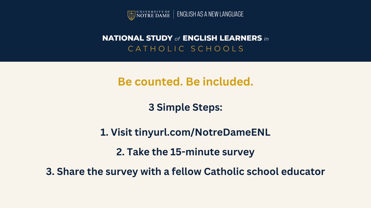 We are conducting a national study of English learners in #CatholicSchools to help us better understand how we can support teachers and their multilingual students. Have your students been counted yet?

Follow the steps below to make sure your #EnglishLearners are included!