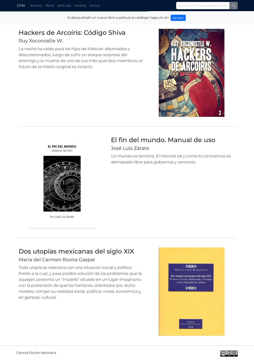 hay entradas nuevas en el sitio web de Ciencia Ficción Mexicana: novela de @ruys, microficciones de @joseluiszarate y un libro de ensayo de María del Carmen Rovira Gaspar...

cifi.mx