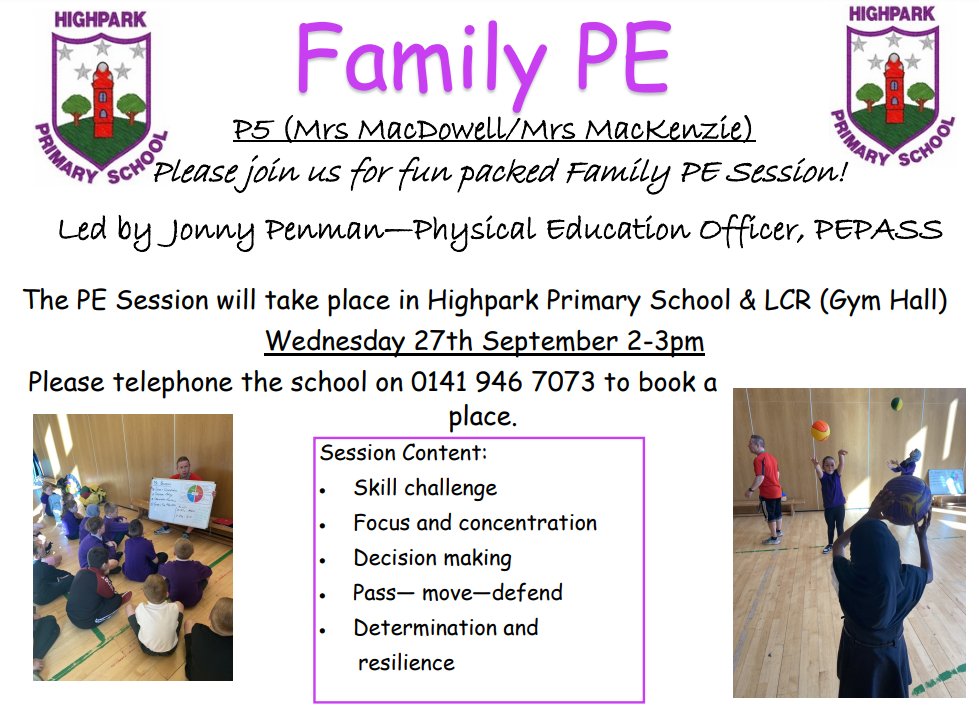 P5 (Mrs Mac D and Mrs MacK)! Please join us for a fun packed Family PE Session with <a href="/PELOGlasgowJP/">Jonny Penman</a> who has been working with the pupils. Wednesday 27th September 2-3pm. Please telephone the school office on 0141 946 7073 to book your place. <a href="/PEPASSGlasgow/">PEPASS Glasgow</a> <a href="/jen_mackenzie05/">Mrs MacKenzie</a>
