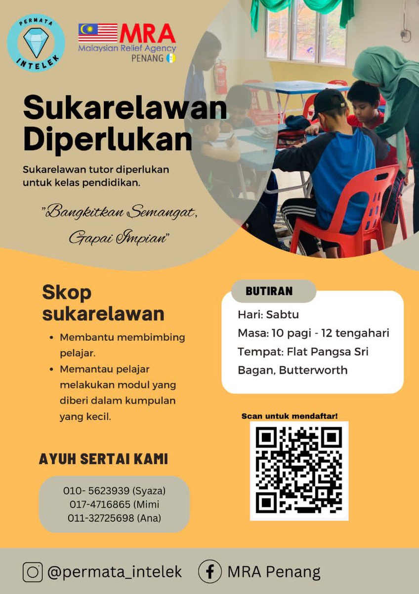 MRAPenang's tweet photo. Hi Hi, 

#Sukarelawandiperlukan sbg tenaga pengajar untuk kelas tuisyen di Bagan Dalam.

Skop: membimbing pelajar dalam subjek Bahasa Melayu dan Matematik bg sekolah rendah.

Hari: Sabtu (9 Sept 2023)
Jam: 10am - 11:30am https://t.co/kezTL3aEMT