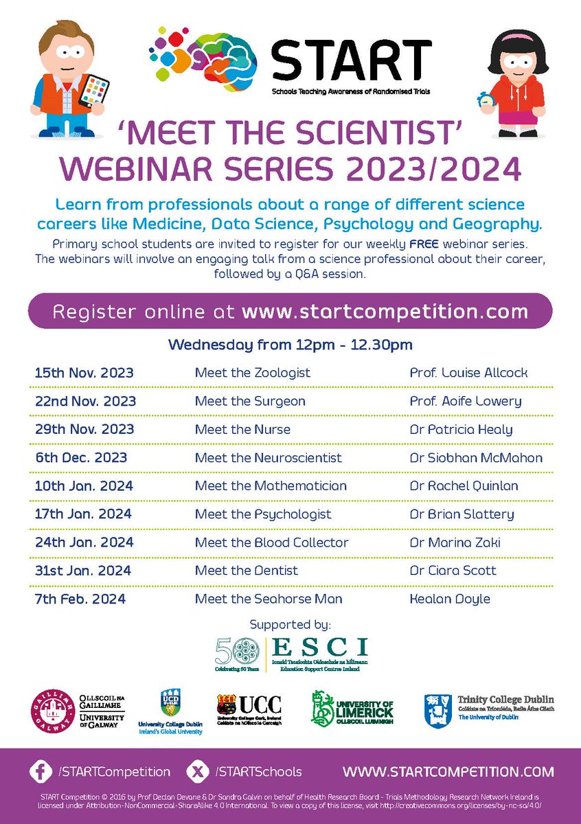 STARTSchools's tweet photo. 🔬 MEET THE SCIENTIST WEBINAR SERIES 2023/24 🚀 
📚 Bring Science careers into the classroom! 
🌟 FREE weekly sessions for primary students! 
🗓️ Wednesdays, 12-12:30pm. 
✍️ Register NOW: https://t.co/UZQfmdqVxb 
📌 Schedule: Below💉👩‍⚕️ 🧠🩸

Proudly supported by @ESCItweets https://t.co/o1R7GkvvpQ