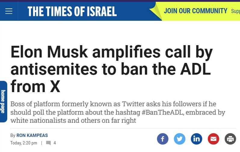 KeithWoodsYT's tweet photo. The Times of Israel ran a smear piece on Elon Musk, associating him with anti-Semitism when he began to criticise the ADL.

The co-founder of the Times of Israel, Seth Klarman, funds the ADL to the tune of millions of dollars.

#BanTheADL https://t.co/keMUs4OS2f