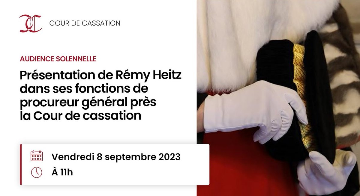 Courdecassation's tweet photo. 🔴[Prochain direct] Demain, à 11H, suivez sur Twitter l'audience solennelle de présentation de M. Rémy Heitz, nouveau procureur général près la Cour de cassation
En savoir + >> https://t.co/4FUFFZHO1t https://t.co/HpPlHd4rEE