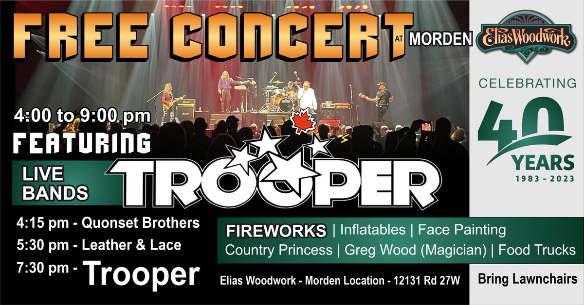 Come join us as we celebrate our 40th Anniversary! We will have 21 Inflatables, 9 Food Trucks, Country Princess, Face Painting, Greg Wood, the Illusionist throughout the event along with the following incredibly talented live bands performing! Plus Fireworks at Dusk!