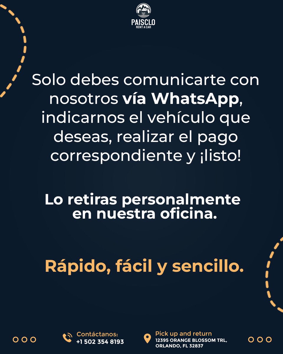 Paisclorentacar's tweet photo. ¿Cansado de esperar y lidiar con tediosos trámites? 😖

En Paisclo Rent a Car puedes rentar tu auto online desde la comodidad de tu hogar. ¡Así de fácil! Solo contáctanos por WhatsApp, elige tu vehículo, realiza el pago y ¡listo! 🤩

¡No pierdas más tiempo! 🚗

#PaiscloRentACar https://t.co/GPFACPXkz4