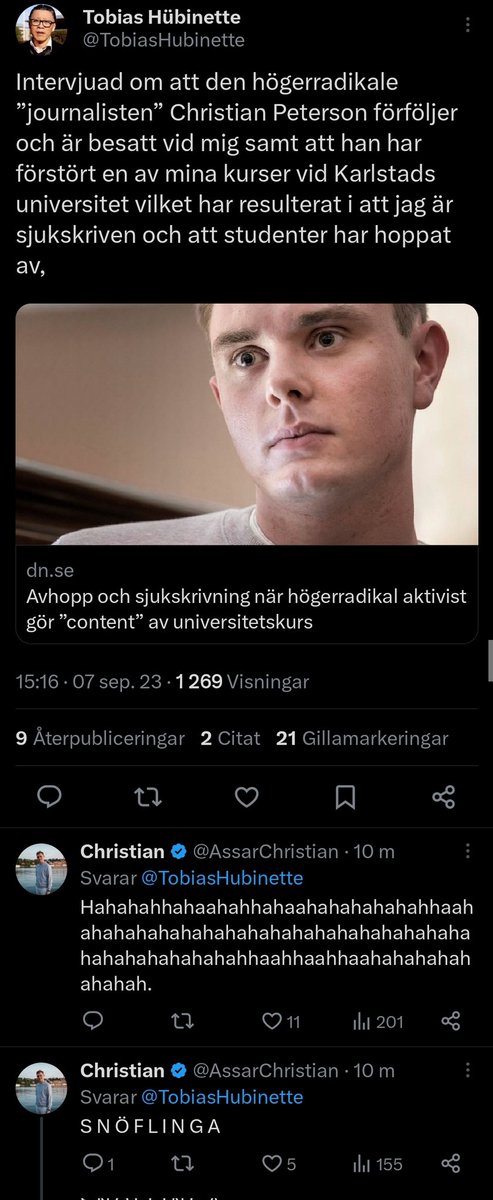 LAretakis's tweet photo. Undrar vad ”@Liberalerna” – som tillsatt en utredning om det fria ordet på universiteten – tycker om att @KAU låter en högerextremist trakassera en lärare tills han sjukskriver sig, samt får övriga kursen att hoppa av.

Den reellt existerande cancelkulturen. https://t.co/AUOJ2S6vwm