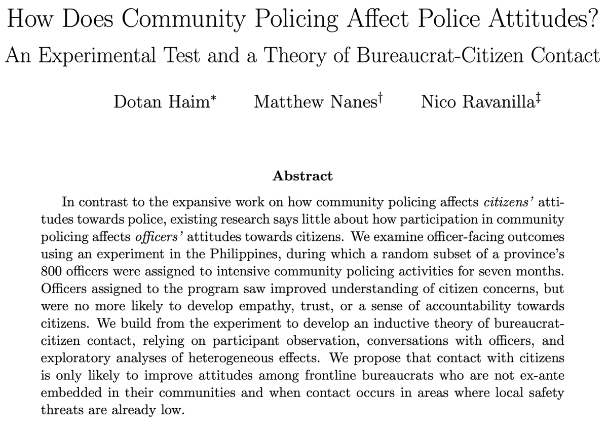 So honored to win APSA SE Asia Group's award for our new WP! A 🧵 on the paper 👇 1. OFFICER attitudes key to policing outcomes 2. Contact w/ citizens improved attitudes in safe areas, BACKFIRED in “dangerous” areas 3. Field experiments are great for generating INDUCTIVE theory