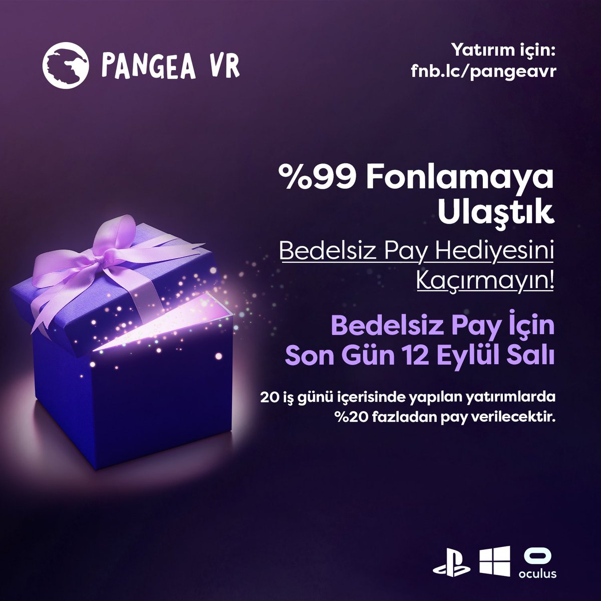 Yatırım turumuzun başlama tarihi olan 15 Ağustos Salı saat 10.00 itibari ile 20 iş günü içerisinde EFT veya Kredi Kartı ile yapılan yatırımlarda yatırımcılara %20 fazladan pay verilecektir.

<a href="/fonbulucu/">fonbulucu</a> 

fnb.lc/pangeavr